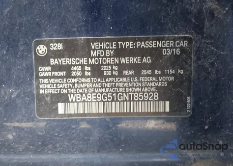 2016 BMW 328I z USA, uszkodzony, nr VIN WBA8E9G51GNT85928